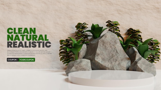 Podio naturale realistico con pietra e pianta