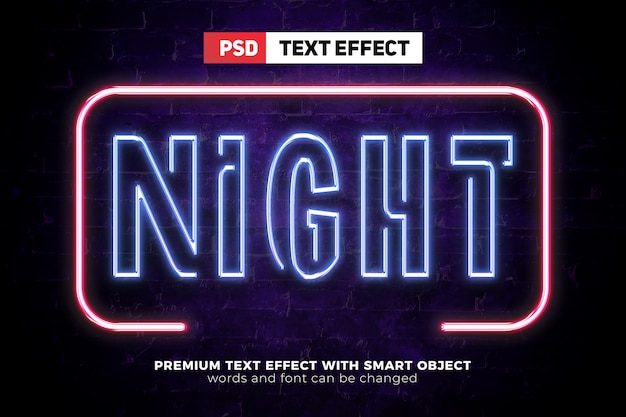 PSD notte realistica di luce al neon di notte mock up effetto testo modificabile 3d