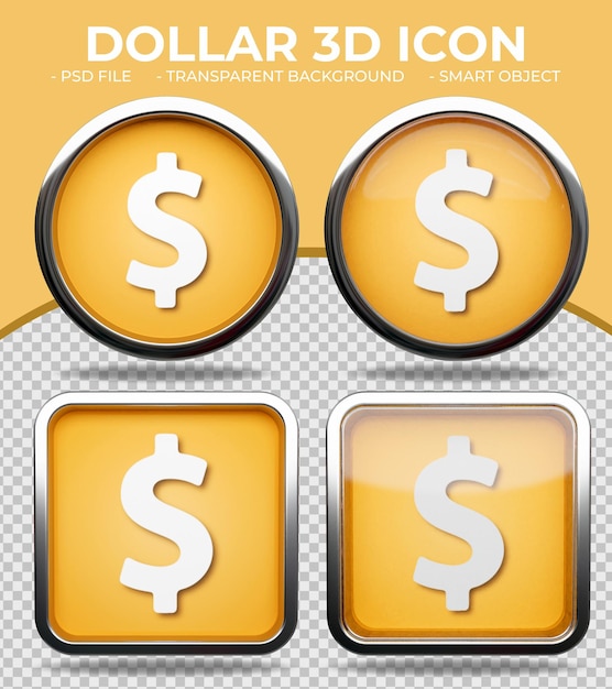 PSD realistic orange glass button shiny round and square 3d dollar sign icon