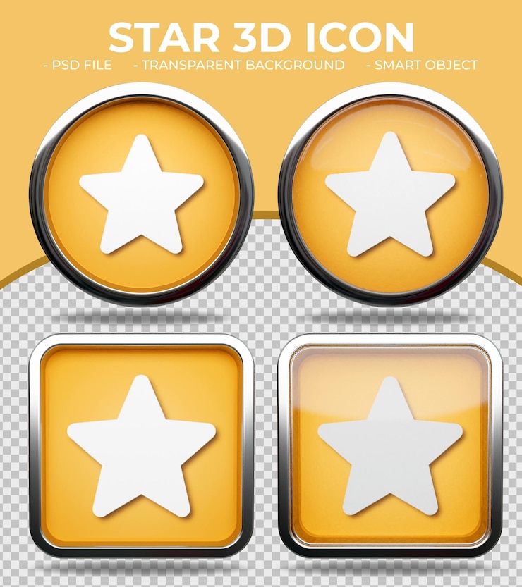 PSD realistic orange glass button shiny round and square 3d star or rating icon