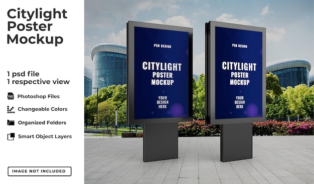 Realistic outdoor citylight poster mockup template