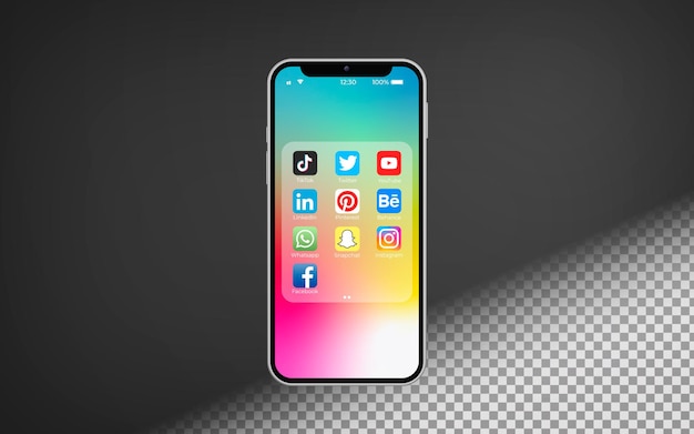 PSD realistic phone with social media menu on transparent background