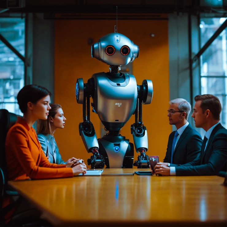 PSD realistic photograph of a robot coaching a team of convention
