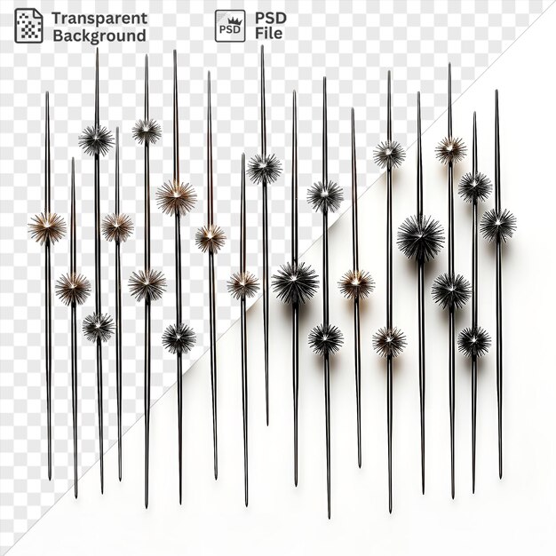 Realistic photographic acupuncturists needles arranged in a row against a white wall accompanied by a black flower