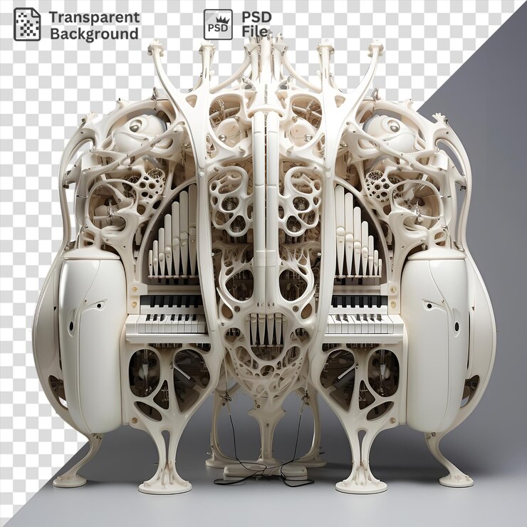 PSD realistic photographic bioengineers 3d printed organ displayed on a white stand with a white leg visible in the foreground