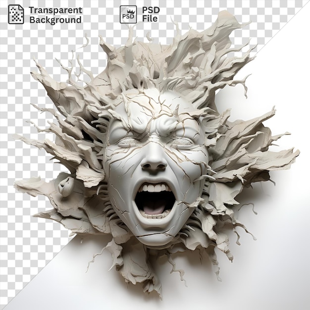 Scultori di ceramica fotografica realistici scultura in argilla con un viso bianco con la bocca aperta e il naso grande