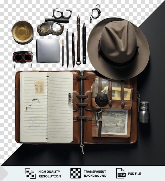 PSD realistic photographic detectives notebook pen and glasses rest on a black and gray wall accompanied by an open book and a clock