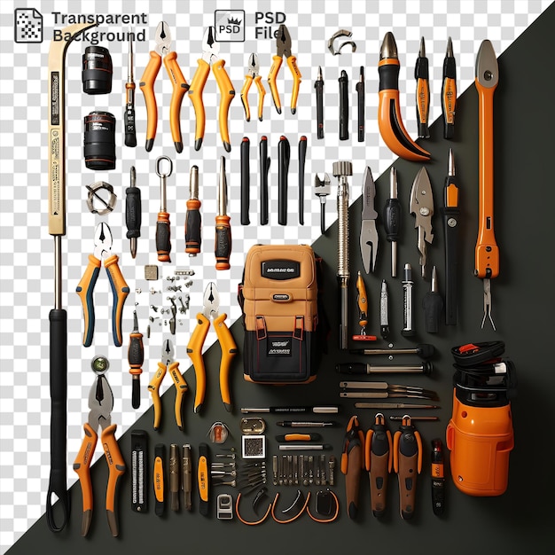 PSD realistic photographic electricians tools including orange scissors and a black handle displayed on a black wall