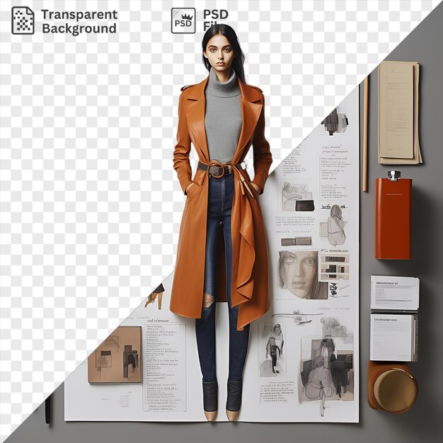 PSD disegnatori di moda fotografici realistici sketchpad con una donna in un cappotto marrone e arancione accoppiato con una cintura nera in piedi di fronte a un muro grigio e bianco con un