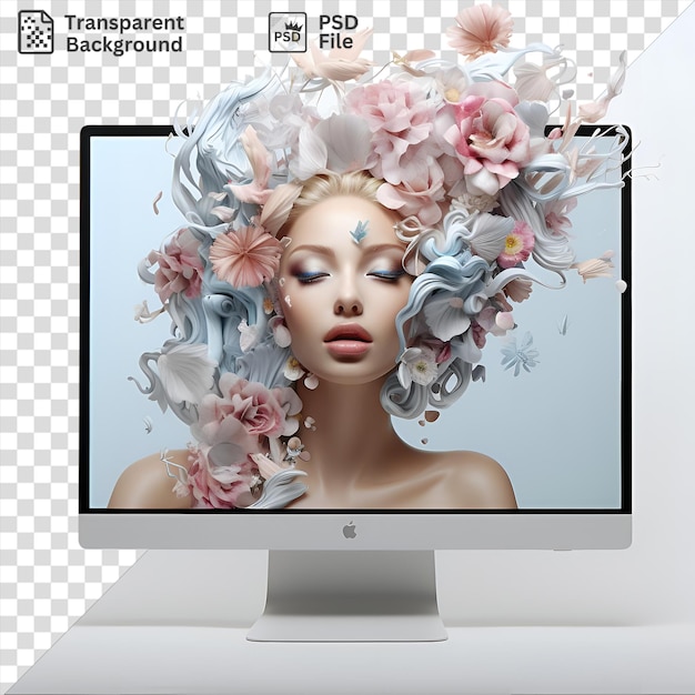 PSD progettisti grafici fotografici realistici progettazione digitale di una testa di donna adornata con fiori rosa e bianchi posizionati su un supporto bianco contro una parete bianca le caratteristiche della donna includono