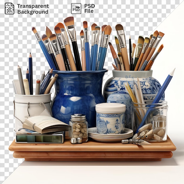 PSD Реалистичные фотографические иллюстраторы художественные принадлежности выставлены на деревянном подносе с белой и синей вазой открытая книга синяя чашка и синяя ручка