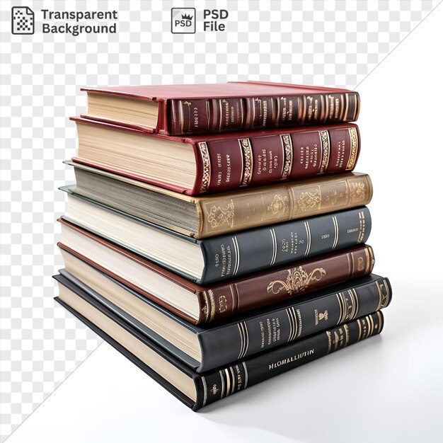 PSD realistic photographic jurisprudents law books featuring a variety of colors and styles are stacked on a transparent background the books include a brown book a black book