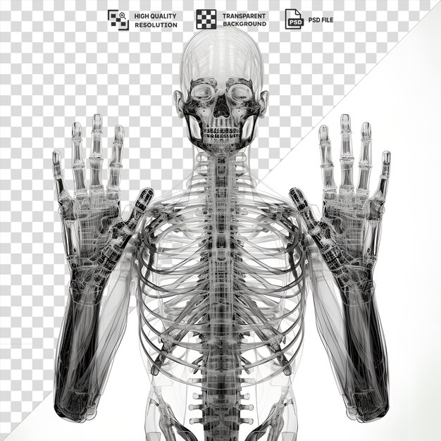 PSD realistic photographic radiologists x ray film of a human skeleton featuring a large skull and a hand