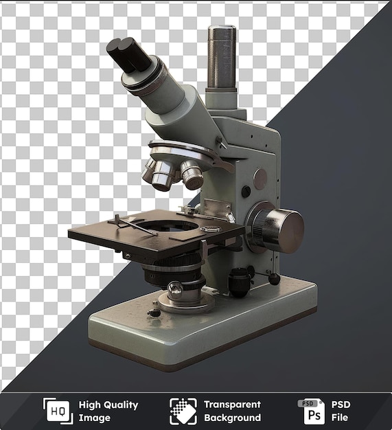 PSD realistic photographic researcher _ s microscope a close up view of a microscope with a magnifying glass surrounded by a collection of objects including a notebook a pen and