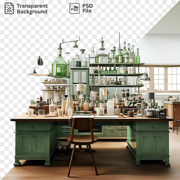 PSD realistic photographic researchers laboratory featuring a wood and brown chair white countertop and wood floor with a large window providing natural light a green bottle adds a pop of color