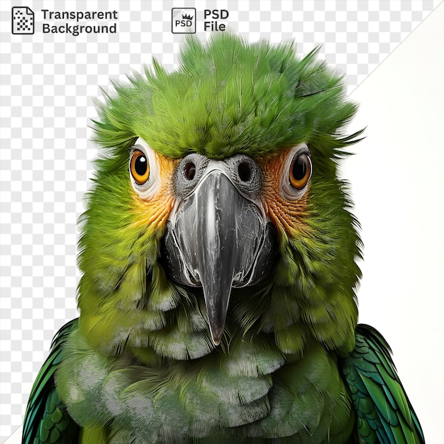 PSD Реалистические фотографические таксидермисты. искусство таксидермии с изображением зеленого попугая с черным и серым клювом, белым глазом и зелеными перьями.