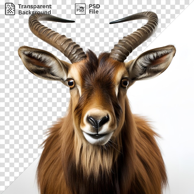 PSD realistic photographic taxidermists taxidermy art of a goat featuring a brown head black and brown eyes a black nose and a brown horn