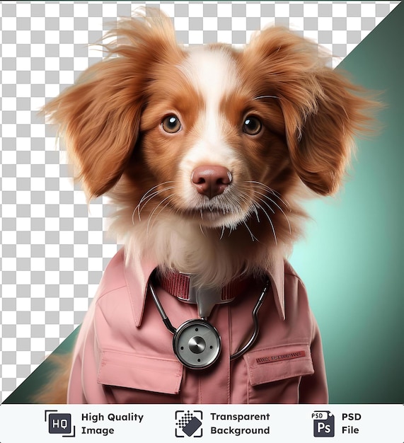 Realistic photographic veterinarian _ s pet care a close up of a brown dog with floppy ears brown eyes a brown nose and a closed mouth wearing a