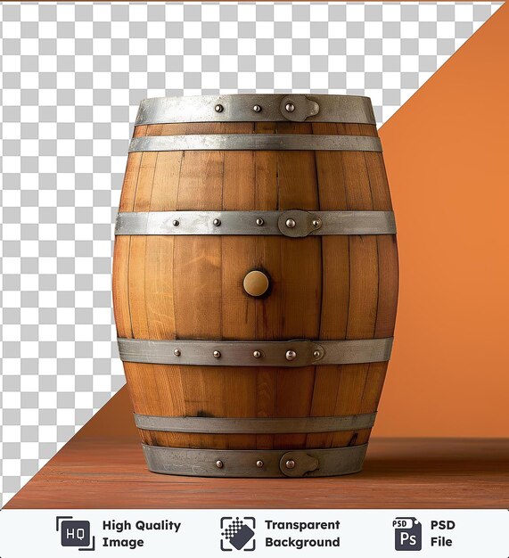 PSD realistic photographic vintner _ s wine barrel on wooden table against orange wall