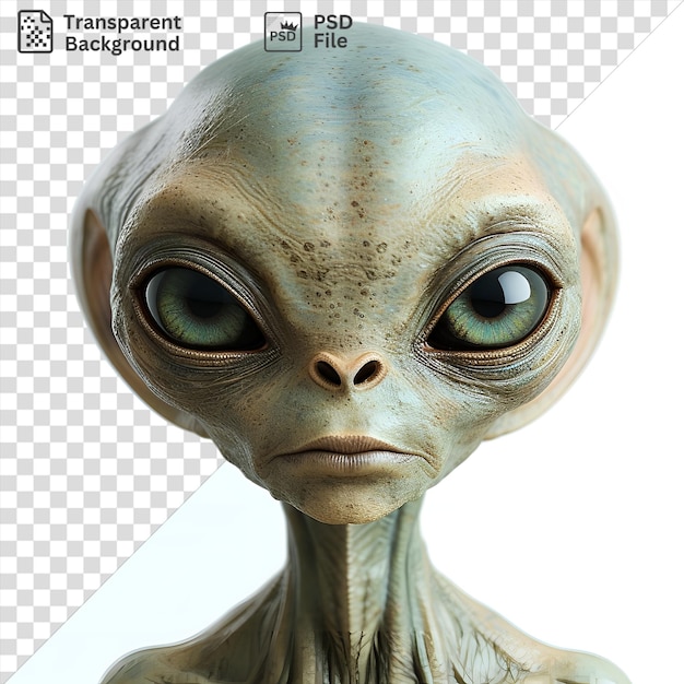 PSD realistic photographic xenobiologists extraterrestrial life featuring a close up of its face with a large eye closed mouth and brown nose accompanied by