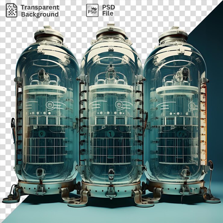 PSD realistic photographic zymologists fermentation tanks on a blue background