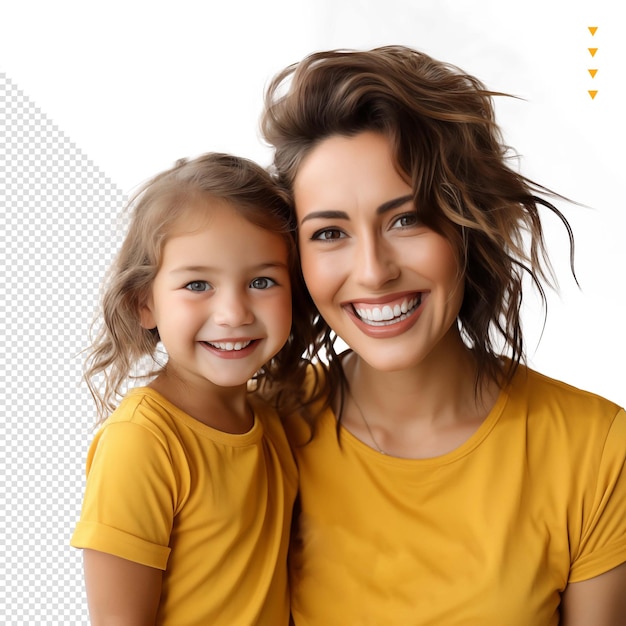 Realistic photography of happy mother and daughter in yellow clothes