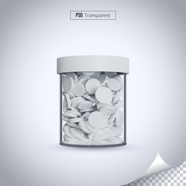 PSD 투명한 병에 있는 현실적인 알약 약국 치료제 3d 렌더링