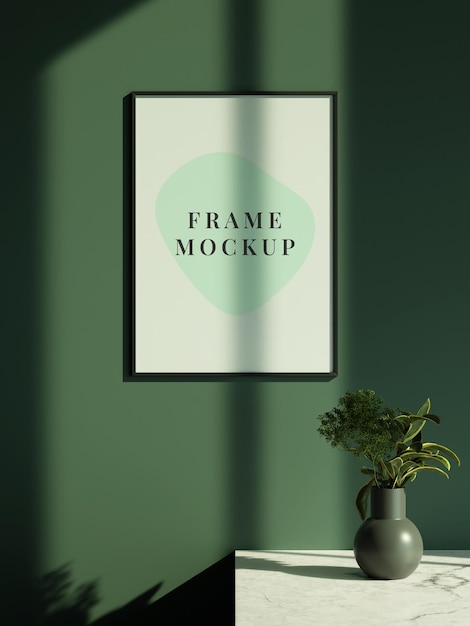 Realistic poster photo frame mockup in living room with plant and window shadow with sun light