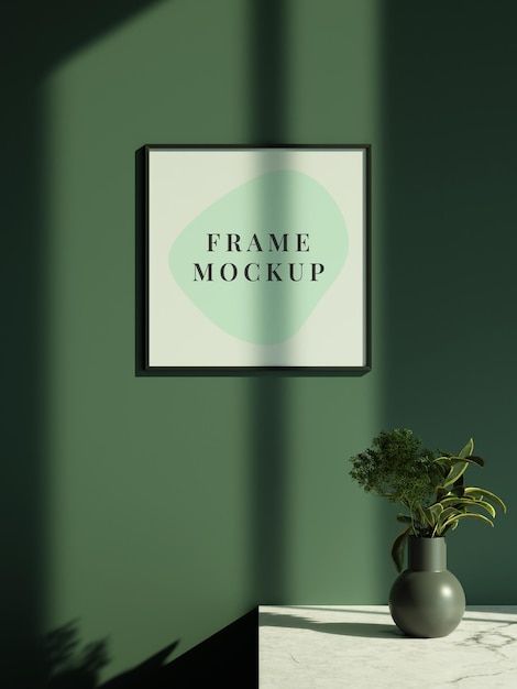 Realistic poster photo frame mockup in living room with plant and window shadow with sun light