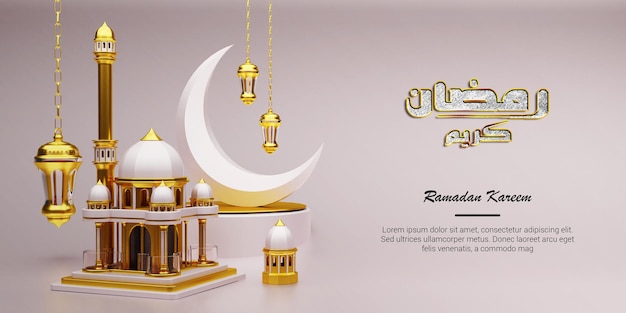 Realistic ramadan greetings background with 3d mosque and islamic ornaments