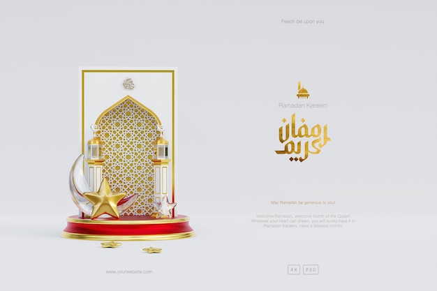 Sfondo realistico di saluti del ramadan con lanterna a mezzaluna del podio della moschea 3d e ornamenti islamici