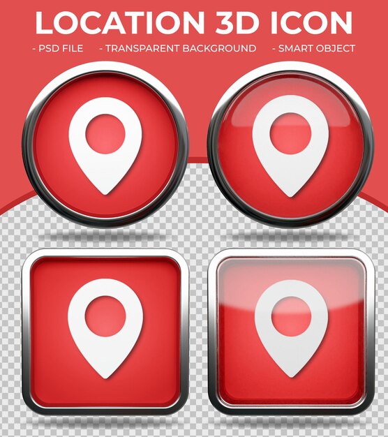 Pulsante di vetro rosso realistico lucido rotondo e quadrato 3d location icon