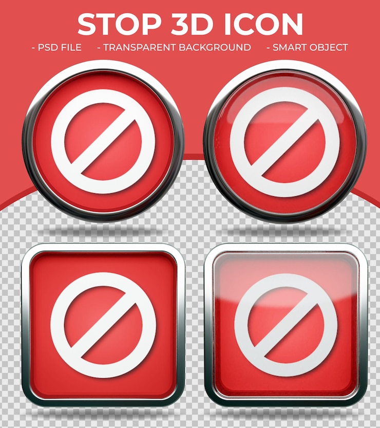 PSD realistic red glass button shiny round and square 3d stop sign icon