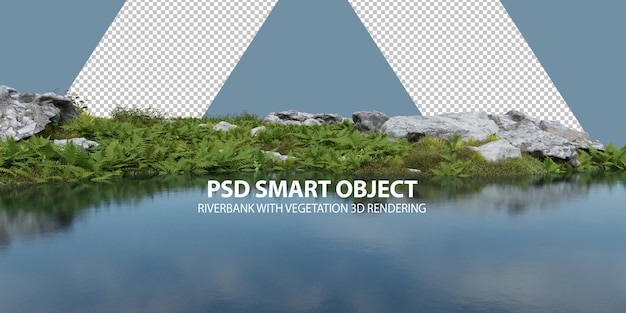 PSD realistic riverbank with vegetation 3d rendering of isolated objects