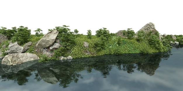 Realistic riverbank with vegetation 3d rendering of isolated objects