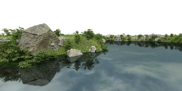 Realistic riverbank with vegetation 3d rendering of isolated objects