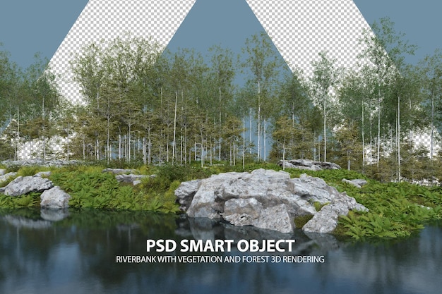 Realistic riverbank with vegetation and forest 3d rendering of isolated objects