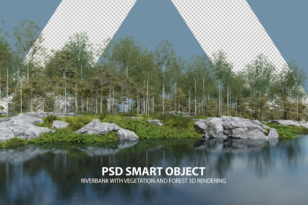 Реалистичный берег реки с растительностью и лесом 3d-рендеринга изолированных объектов