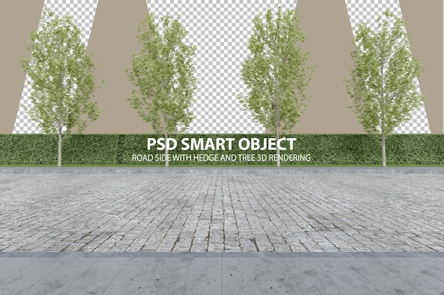 PSD Реалистичная обочина дороги с живой изгородью и деревом 3d-рендеринг изолированных объектов