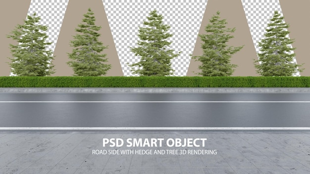 PSD 生け垣と木の孤立したオブジェクトの 3 d レンダリングと現実的な道路側