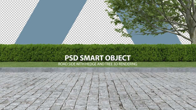PSD realistic road side with hedge and tree 3d rendering of isolated objects