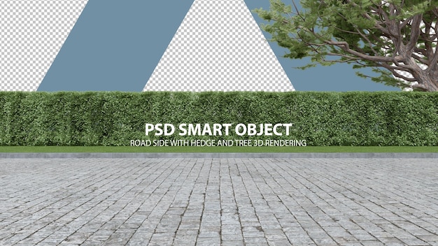 PSD lato stradale realistico con siepe e albero rendering 3d di oggetti isolati