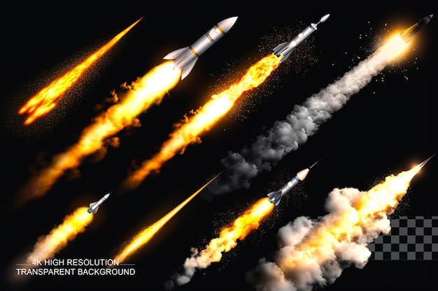 Realistic rocket fire and smoke trails in vector on transparent background