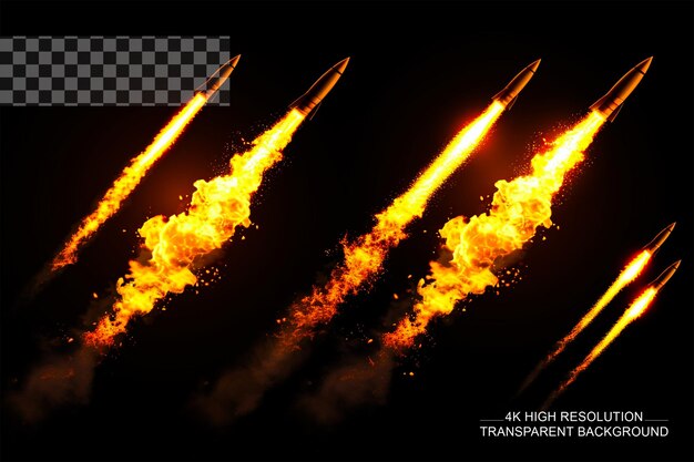 Realistic rocket fire and smoke trails in vector on transparent background