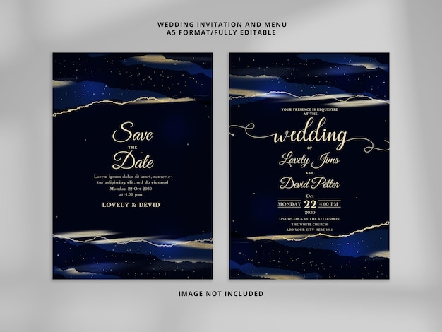 Realistic royal blue wedding invitation cards