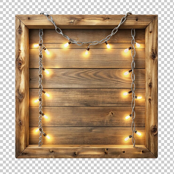 PSD realistic rustic wood frame with on lights and chains on transparent background png