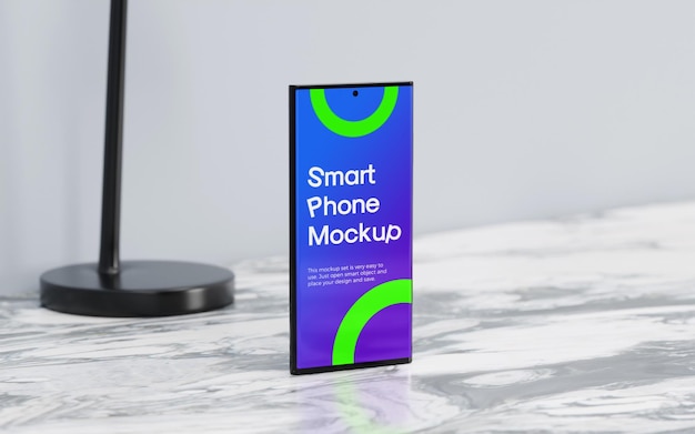 Realistic s23 ultra smartphone on marble desk mockup