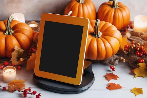 Mockup realistico dello schermo di un tablet moderno stagione autunnale accogliente