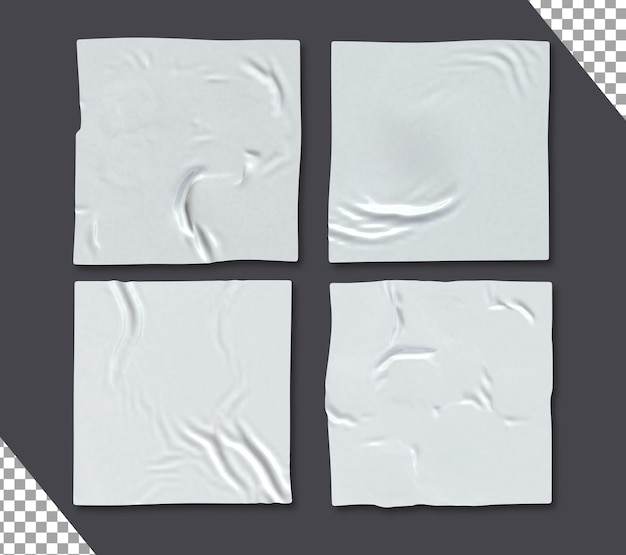 Realistic set of blank crumple wrinkle curl 3d render Plastic foil Mock up cover for a product