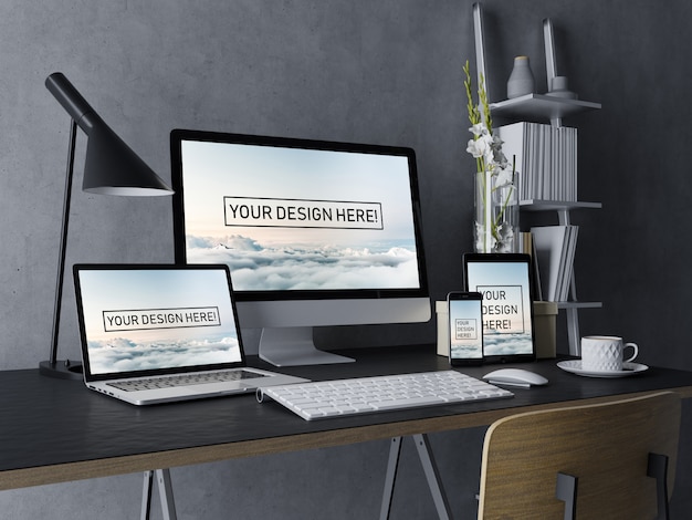 PSD realistic set desktop, laptop, tablet, and smartphone mock up design template with editable screen in black modern interior workspace